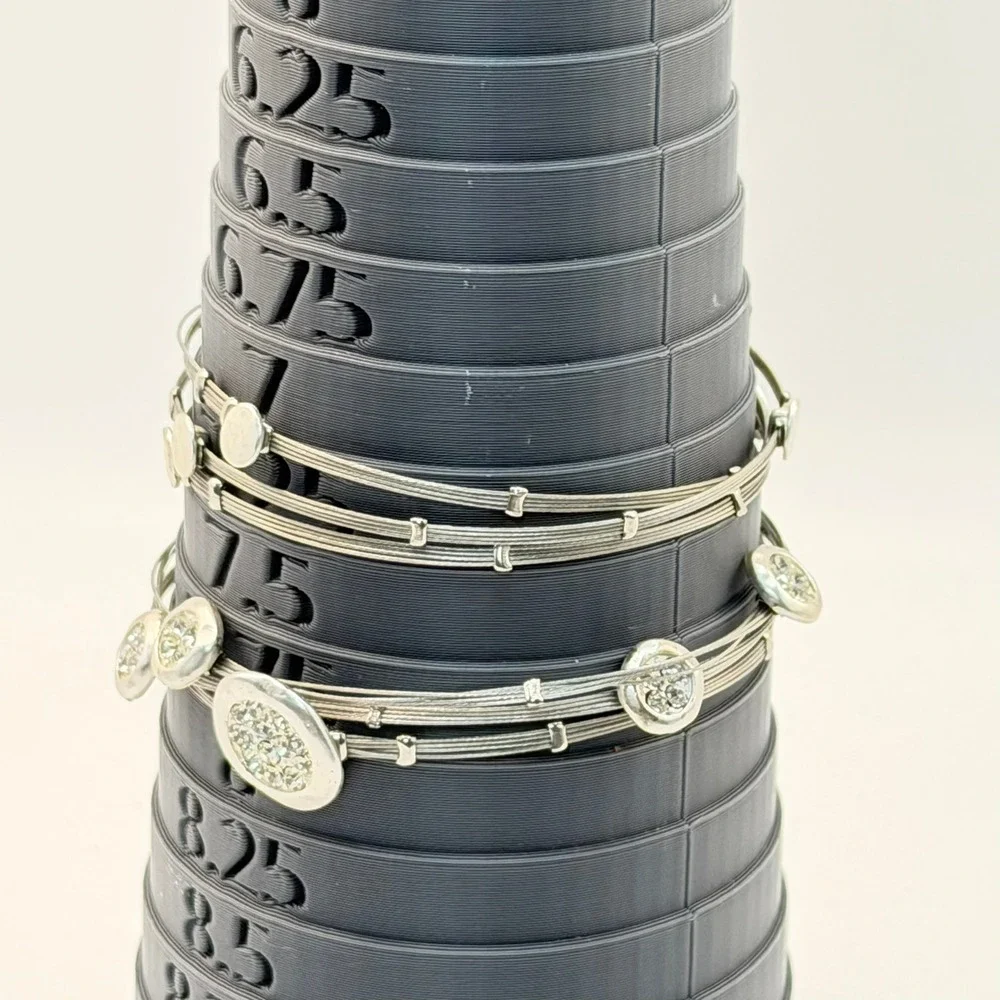 Silver Tone Multi Strand Wire Bangle Set Rhinestone Disc Boho Chic Bracelets